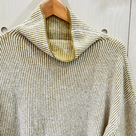 CALVIN KLEIN JEANS Contrast Cuff Sweater SZ L Olive Tan Cream Stripes - Picture 2 of 10